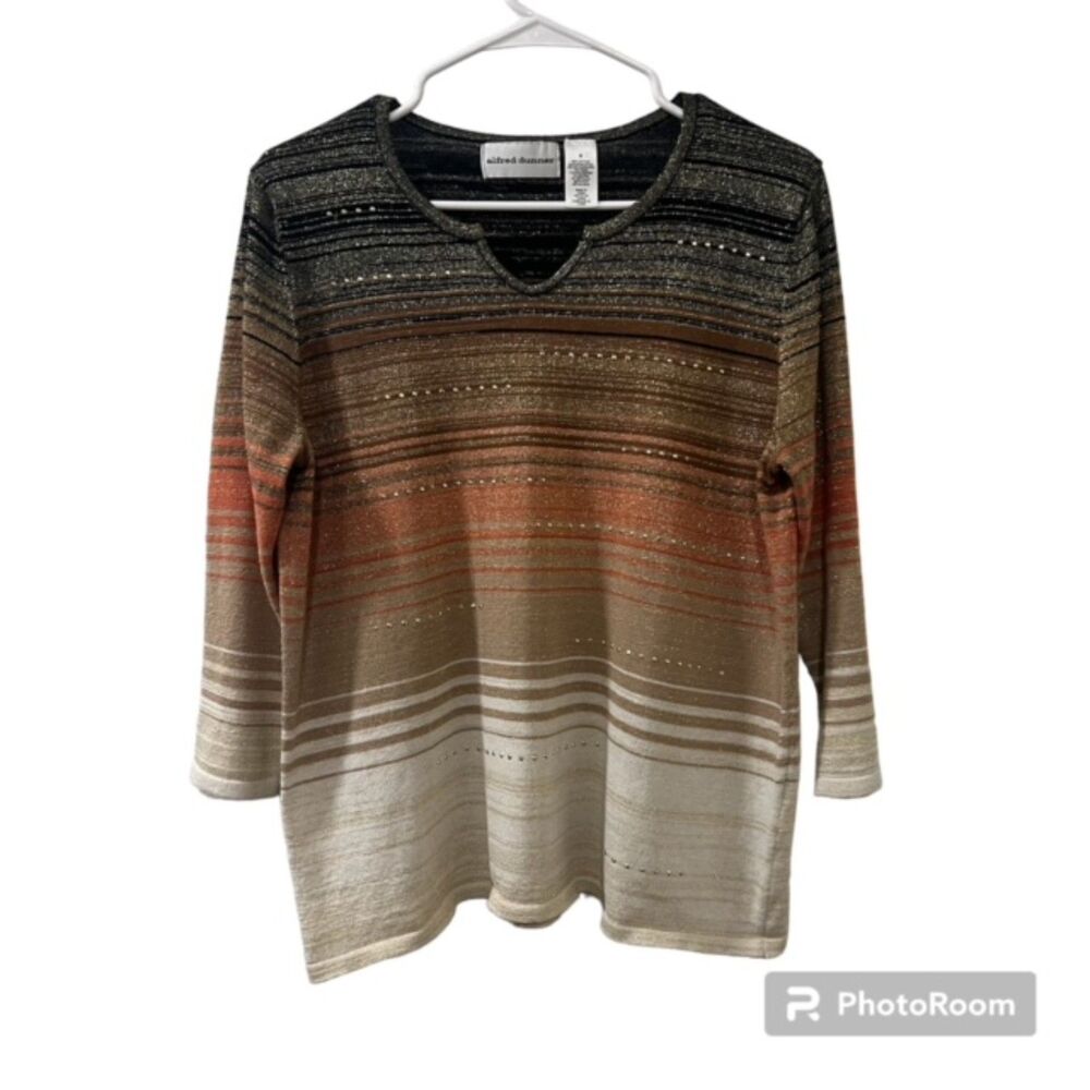 Alfred Dunner Womens S Orange Ombre Stripe Metallic Knit V Neck Sweater Top